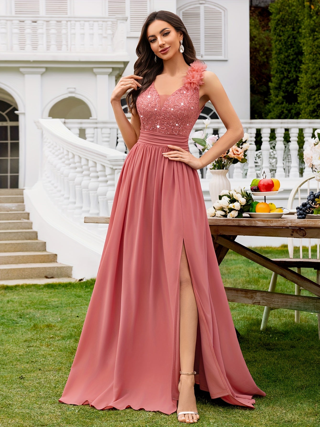 24451A Elegant Womens Mesh Deep V Neck Sequin Lace Maxi Dress, Sleeveless Applique Shoulder, Back V Neck, Ruched A Line Waist, High Thigh Slit Hem, Perfect For Formal Wedding Guest, Prom, Bridesmaid Party, Graduation Season, Wedding Season