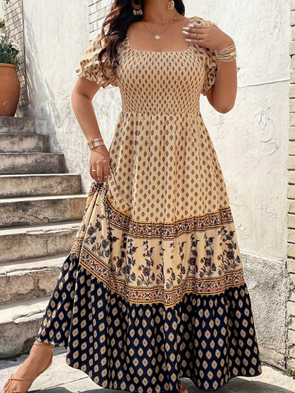 Plus Size - 1pc Spring Summer Mother'S Day Plus Size Women Elegant Bohemian Maxi Dress - Square Neck Puff Sleeve Smocked Bodice Floral Geometric Print Tiered Long Skirt Sophisticated Graceful Style For Vacation Beach Party Wear