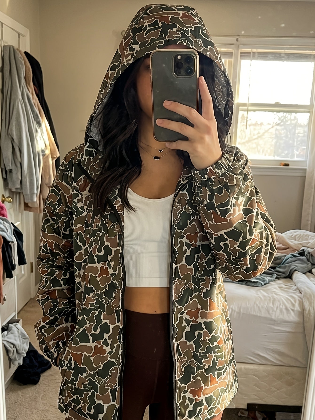Camo Hooded Jacket Women's, Streetwear Windbreaker, Casual Fall Outerwear, Fashion Hoodie for Daily Wear