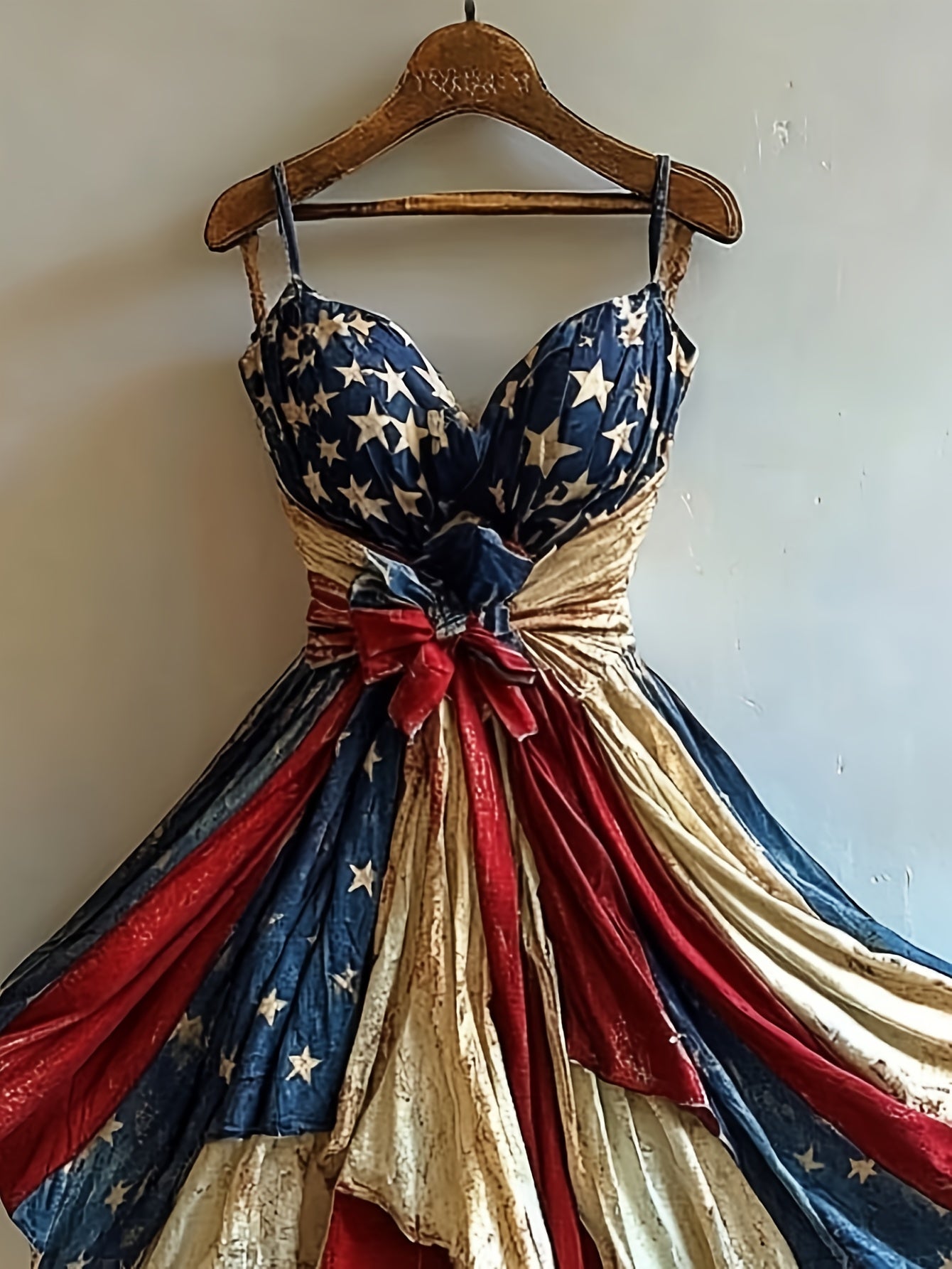[Independence Day Style] Women's Retro Independence Day Style Camisole V-Neck Padded A-Line Waist Belted Fashion Dress