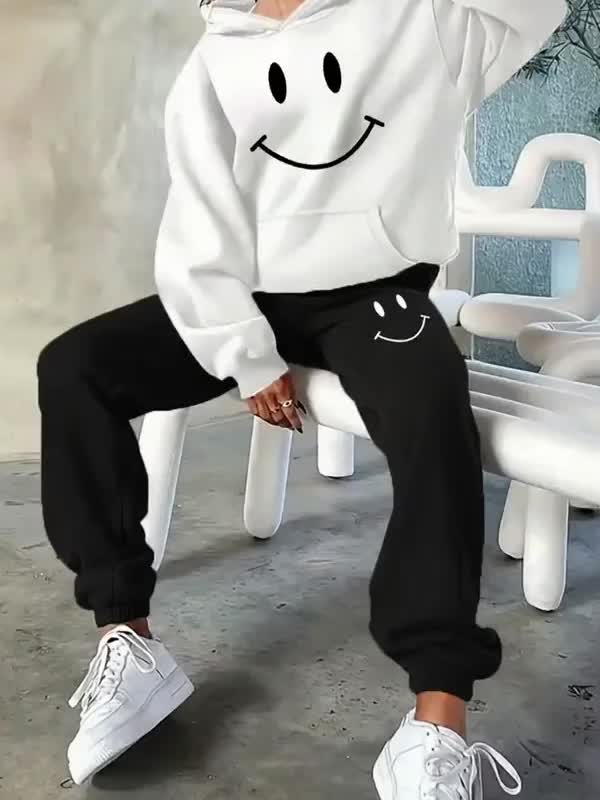Women's Suit, Casual Sportswear 2pcs Set with Smiling Pattern, Casual Letter-printed Loose And Warm Long-sleeved Hooded Sweatshirt with Elastic Waist And Drawstring Pants, Jogging Sets for Women, Womens 2pcs Set Outfits