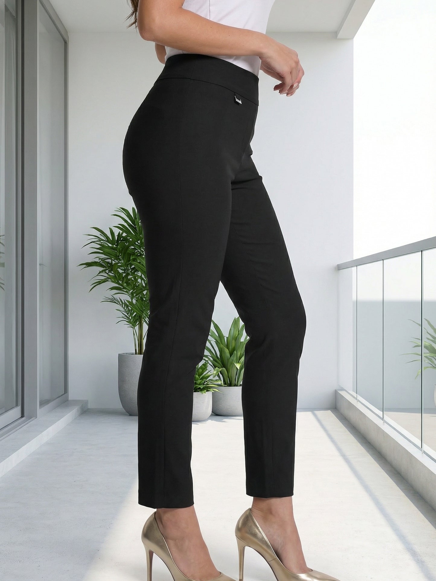 Women's High Waisted Stretch Slim Fit Cropped Trousers, Office Casual Work Pants with Metal Detail