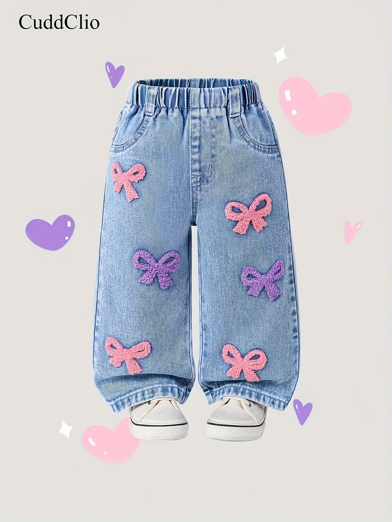 CuddClio Only 1 Pair Of Jeans Included. Baby Girls Loose-Fit Jeans For Fall & Winter, Cute Pink/Purple Bow Embroidered Jeans, Comfortable Denim With Elastic Waistband, Casual & Outdoor Wear, Ideal For Halloween/Christmas Gifts.