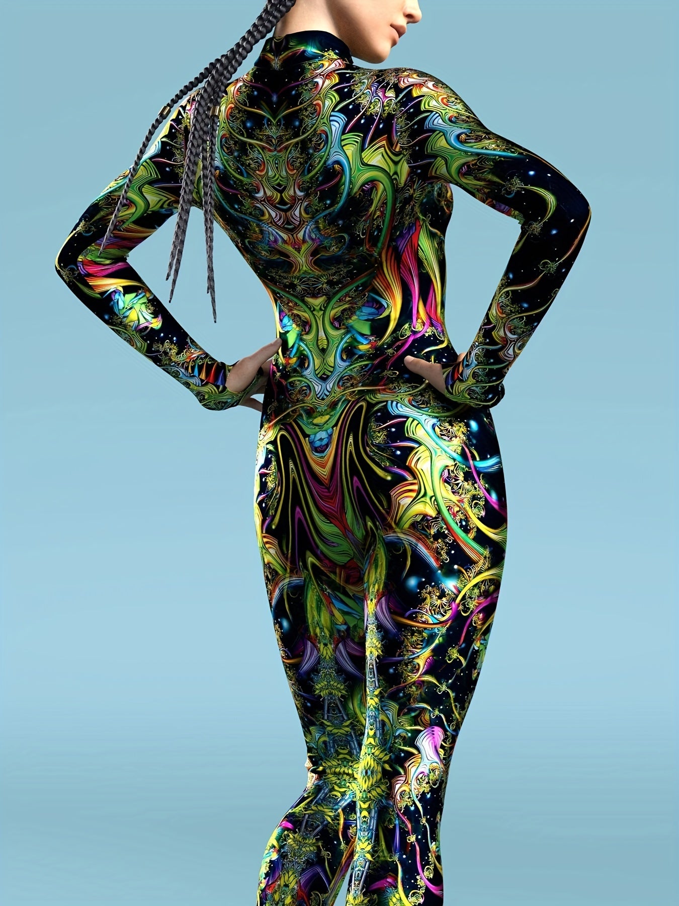 Stretchy Spandex Psychedelic Fractal Print Bodysuit for Women - High-Neck, Long Sleeve, Costume for Halloween & Cosplay Parties