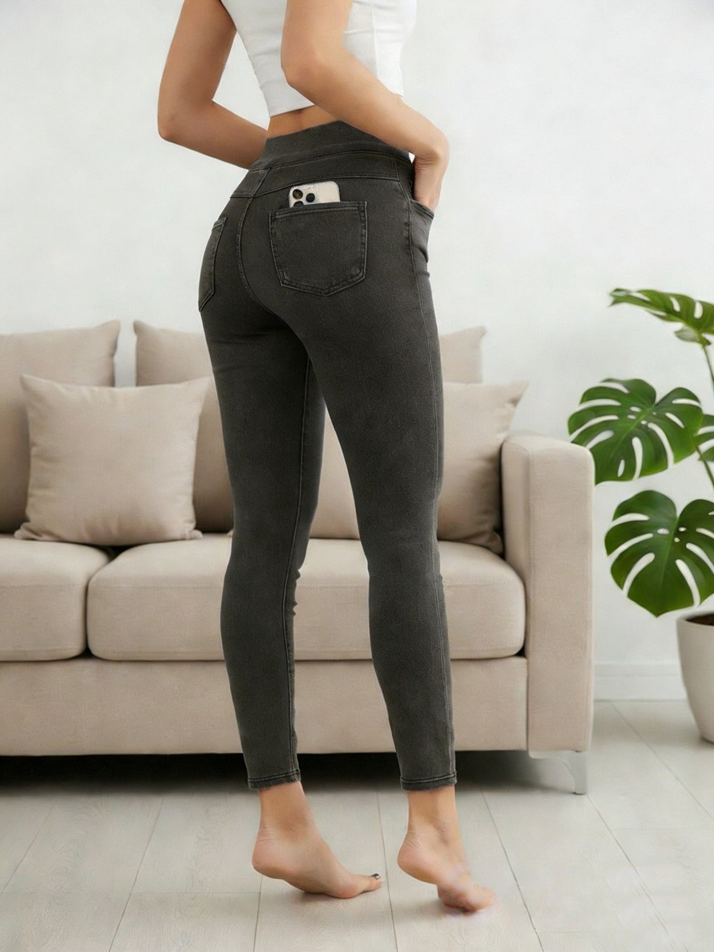 Pull On Skinny Jeans for Women, Stretchy High Waisted Leggings Trendy Tummy Control Demin Jegging with Pockets