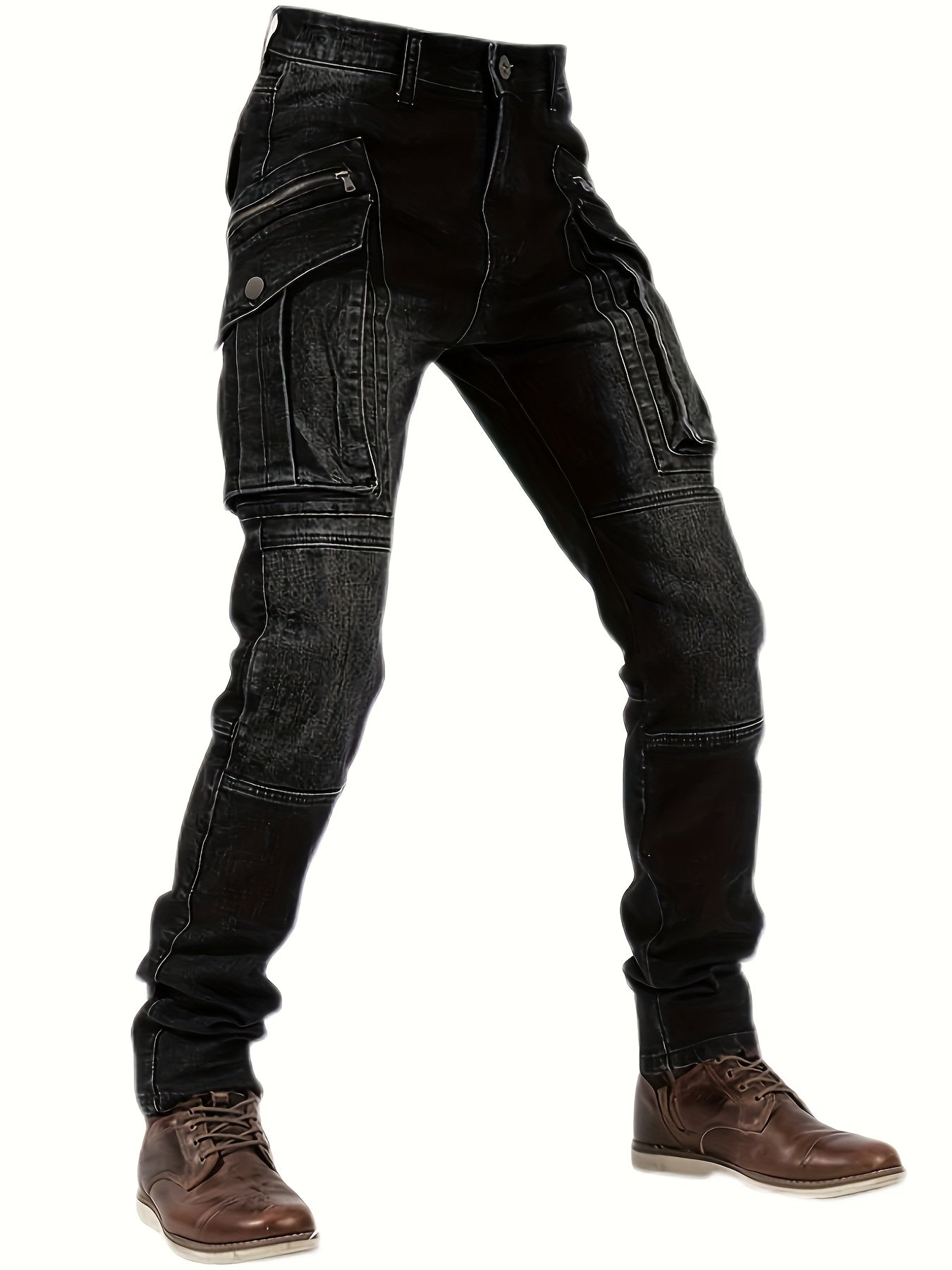 Men'S Wear-resistant Zipper Large Pocket Motorcycle Cycling Pants Vintage Washed Elastic Jeans