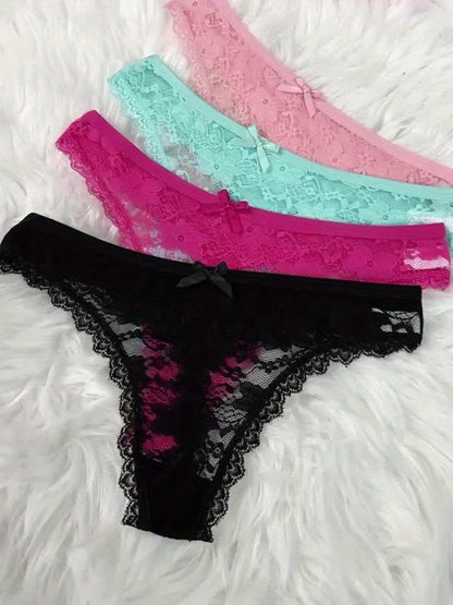 4pcs Of Mixed Color Lace Sexy Women's Underwear, Soft And Breathable Bow-tie Minimalist Women's Thong, Sexy Lingerie Panties.
