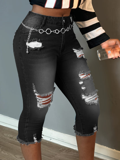 Women Fashion Casual Ripped Capri Jeans Slim Fit Stretchy Denim Pants Classic Raw Hem Denim Three Quarter Pants