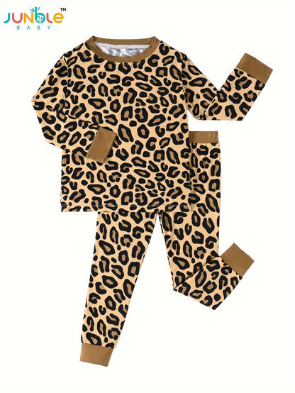 JUNBLEBABY Bamboo Fiber Skinny Pajama Set - Brown Leopard Print Long Sleeve And Pants, Stretchy Viscose Blend, Crew Neck, Casual Style for Youngsters