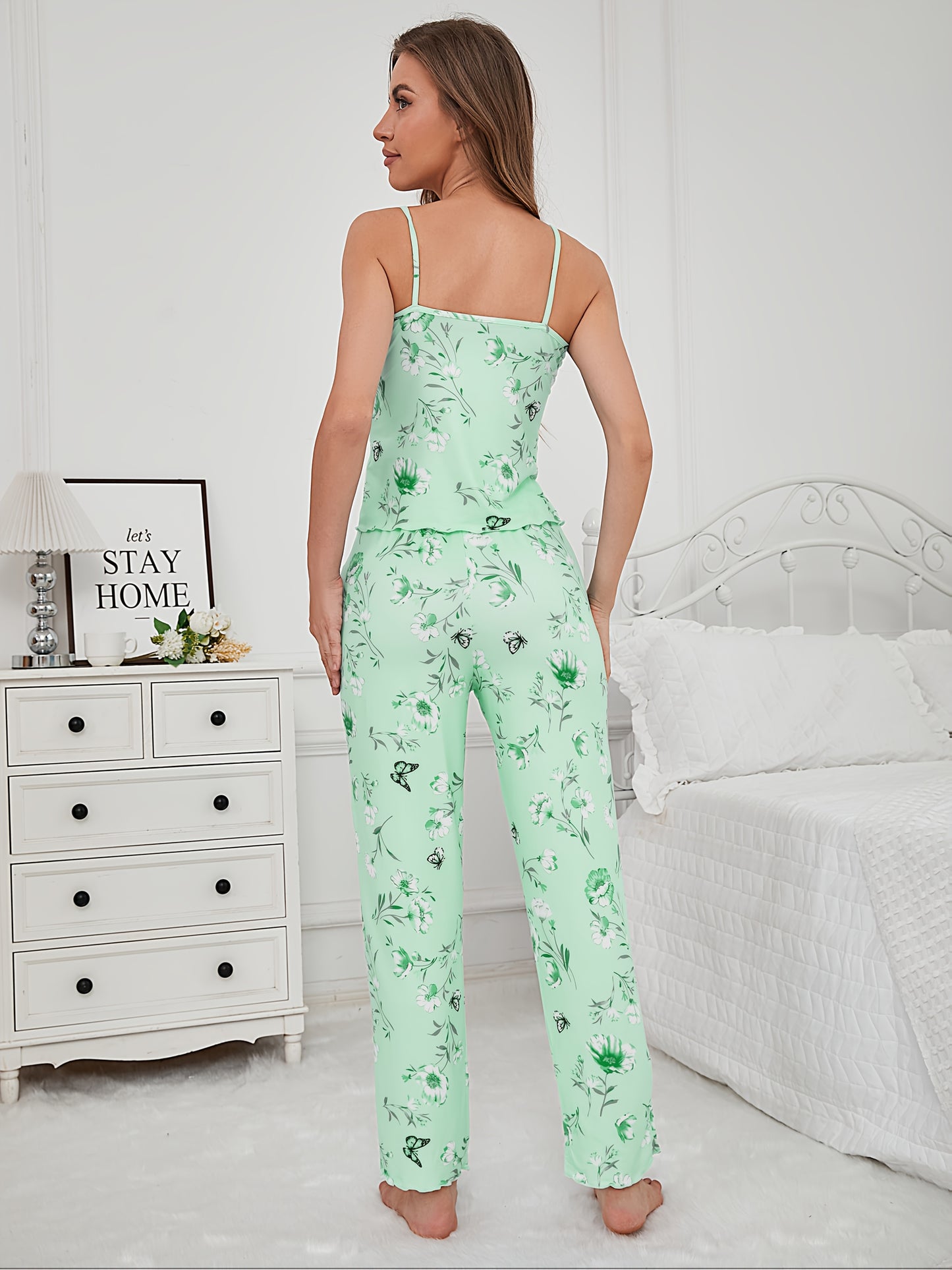 3pcs Floral And Butterfly Print Pajama Set - Long Sleeve Belted Robe & Cami Top & Pants Lounge For All Seasons