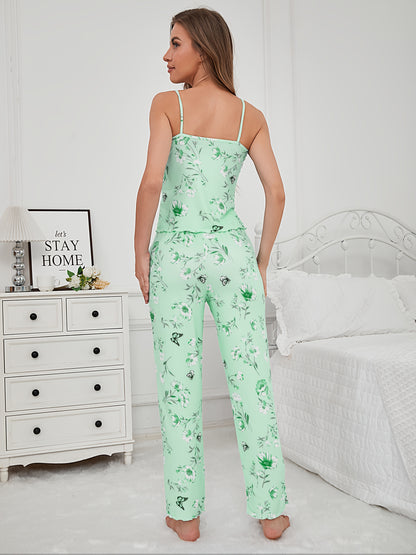 3pcs Floral And Butterfly Print Pajama Set - Long Sleeve Belted Robe & Cami Top & Pants Lounge For All Seasons