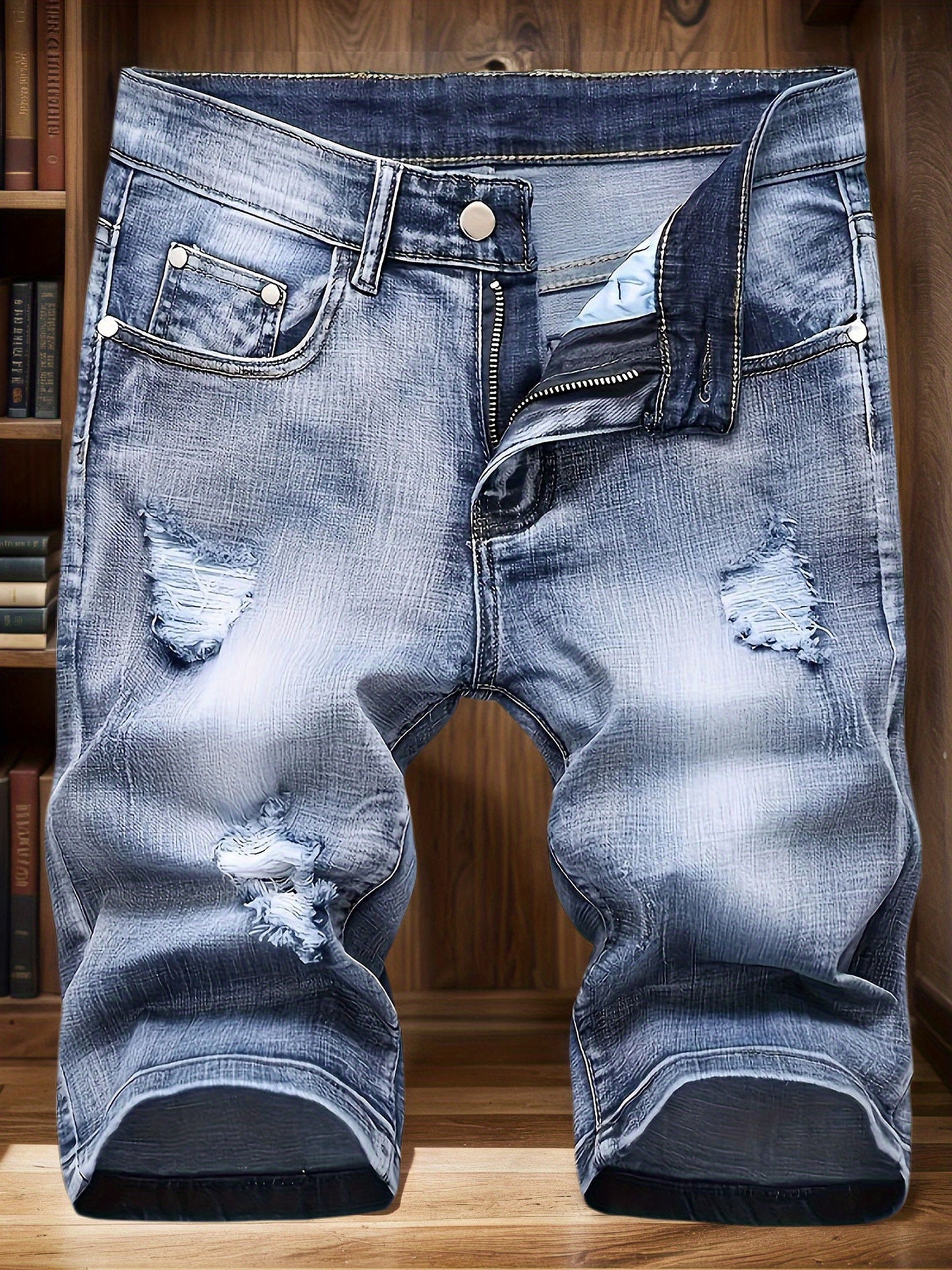 Jeans, Washed, Distressed, Straight Leg, Durable Fabric, Men's Street Style Shorts, Ripped And Stretchy Men's Mid- Length Shorts Summer, Tight- Fitting And Worn- Out Men's Pants