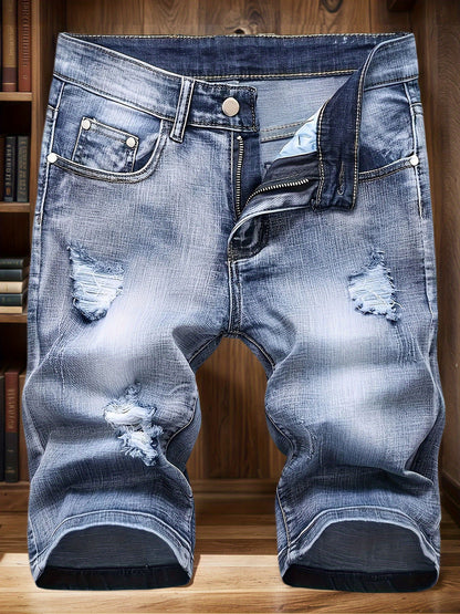 Jeans, Washed, Distressed, Straight Leg, Durable Fabric, Men's Street Style Shorts, Ripped And Stretchy Men's Mid- Length Shorts Summer, Tight- Fitting And Worn- Out Men's Pants