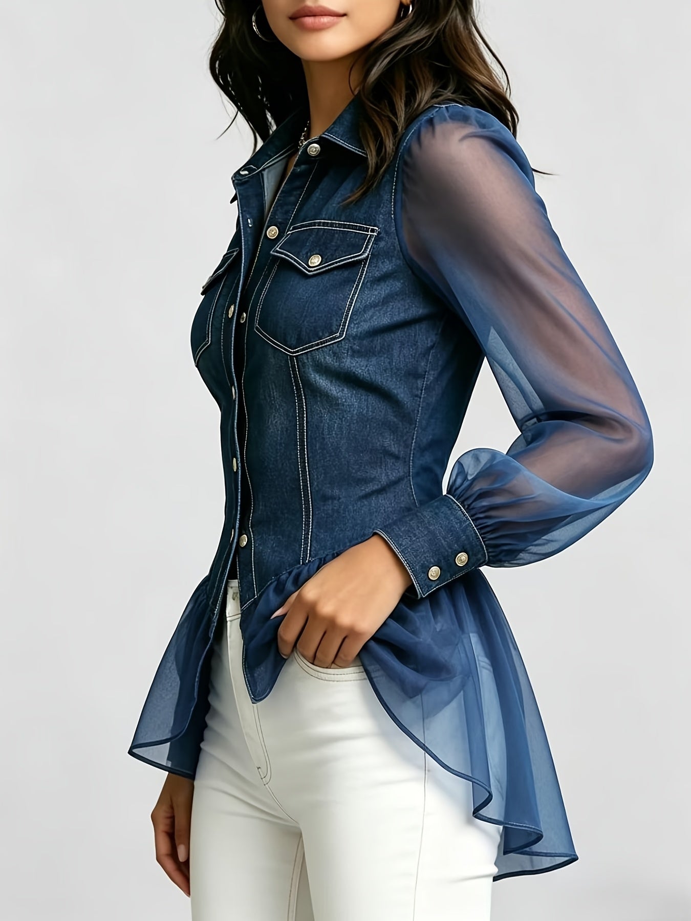 [Elegant Denim Tulle Jacket] Women's Elegant Summer Blue Denim and Tulle Patchwork Long-Sleeve Ruffle Jacket