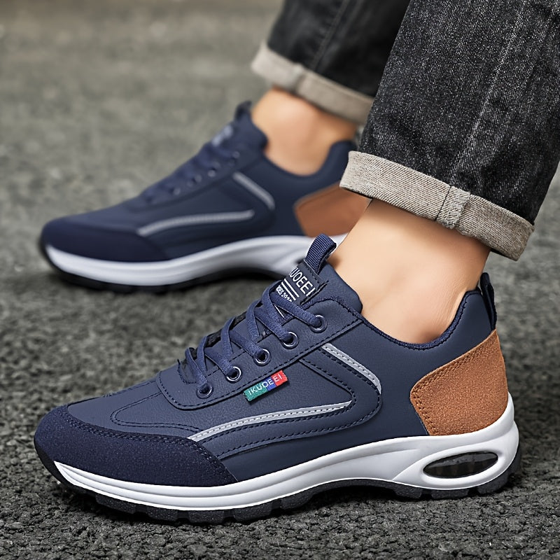 Men's Low-Top Sneakers - Breathable Fabric Lining And Cushioned Air Technology for Year-round Comfort, Navy Blue with Golden Accents - Spiderweb Running Shoes with Arch Support, Athletic Sneakers, Stylish Footwear, Comfortable Fit