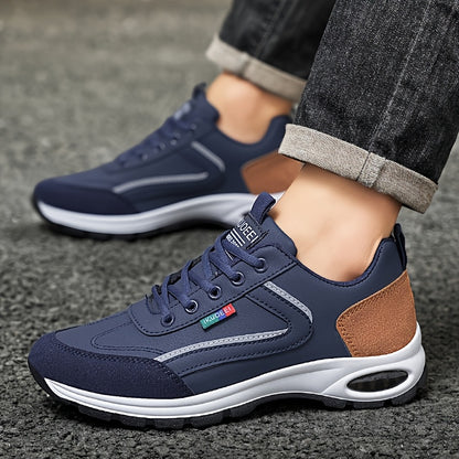 Men's Low-Top Sneakers - Breathable Fabric Lining And Cushioned Air Technology for Year-round Comfort, Navy Blue with Golden Accents - Spiderweb Running Shoes with Arch Support, Athletic Sneakers, Stylish Footwear, Comfortable Fit
