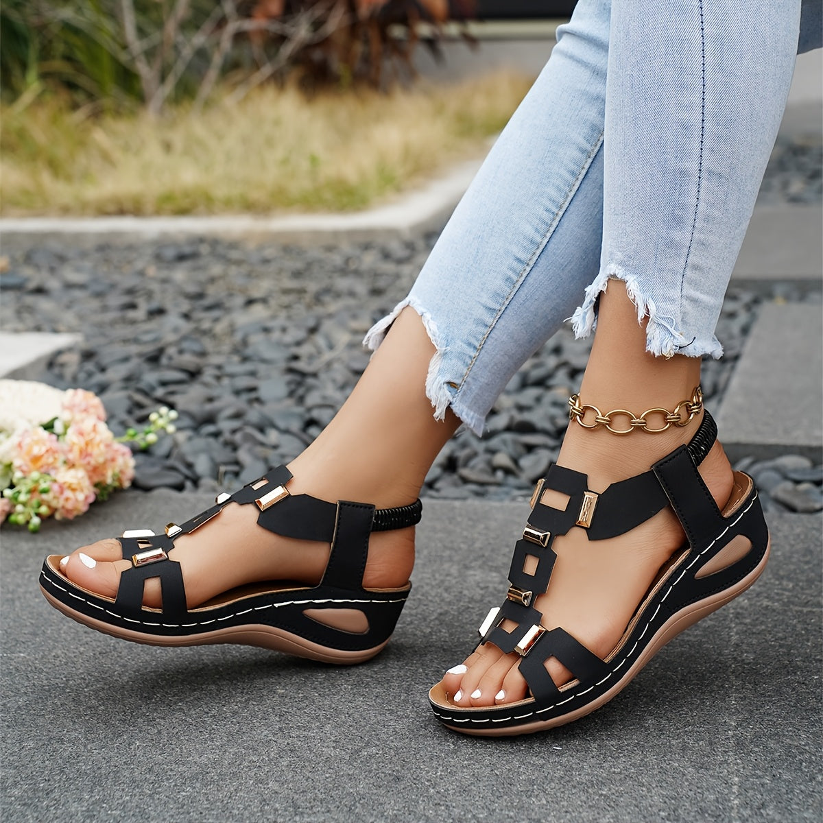 2026 New Black Womens Platform Wedge Sandals Summer Shoes for Women - 2.17inch Woven Wedge Platform Adjustable Golden Buckle Metal Accents Comfy Open Toe Cut-Out Slip-On All Day Wear Ideal Beach Vacation Everyday Style, Women Shoes