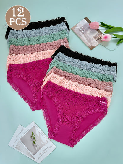 12pcs Multi-Color Women's Lace Trim Low-Rise Briefs, Elegant and Fashionable - Soft, Breathable, and Skin-Friendly, Simple and Stylish, Comfortable Underwear for Daily Wear
