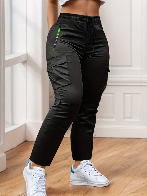 Women'S Heavy-Duty Cargo Pants with Multi-Zipper Pockets & Neon Green Zippers - Belt-Like Waist Drawstring, Full-Length Trousers for Outdoor, Travel - Casual Pants (Neon Green Accent, Spring/Fall) - No-Leg-Slip Design
