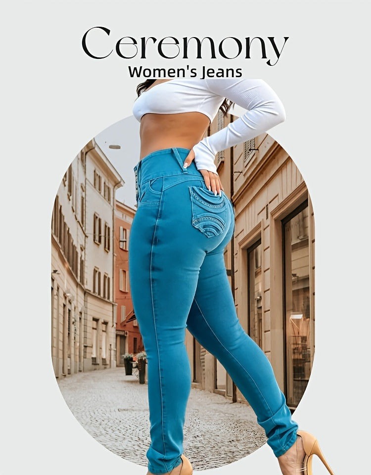 HME-White/Turquoise Midriff-Waisted Denim Pants - Tight-fitting Denim Pants Featuring A Multi-button Midriff Design And Decorative Stitching Pockets. Can Be Paired with High Heels for Dates Or Outings.