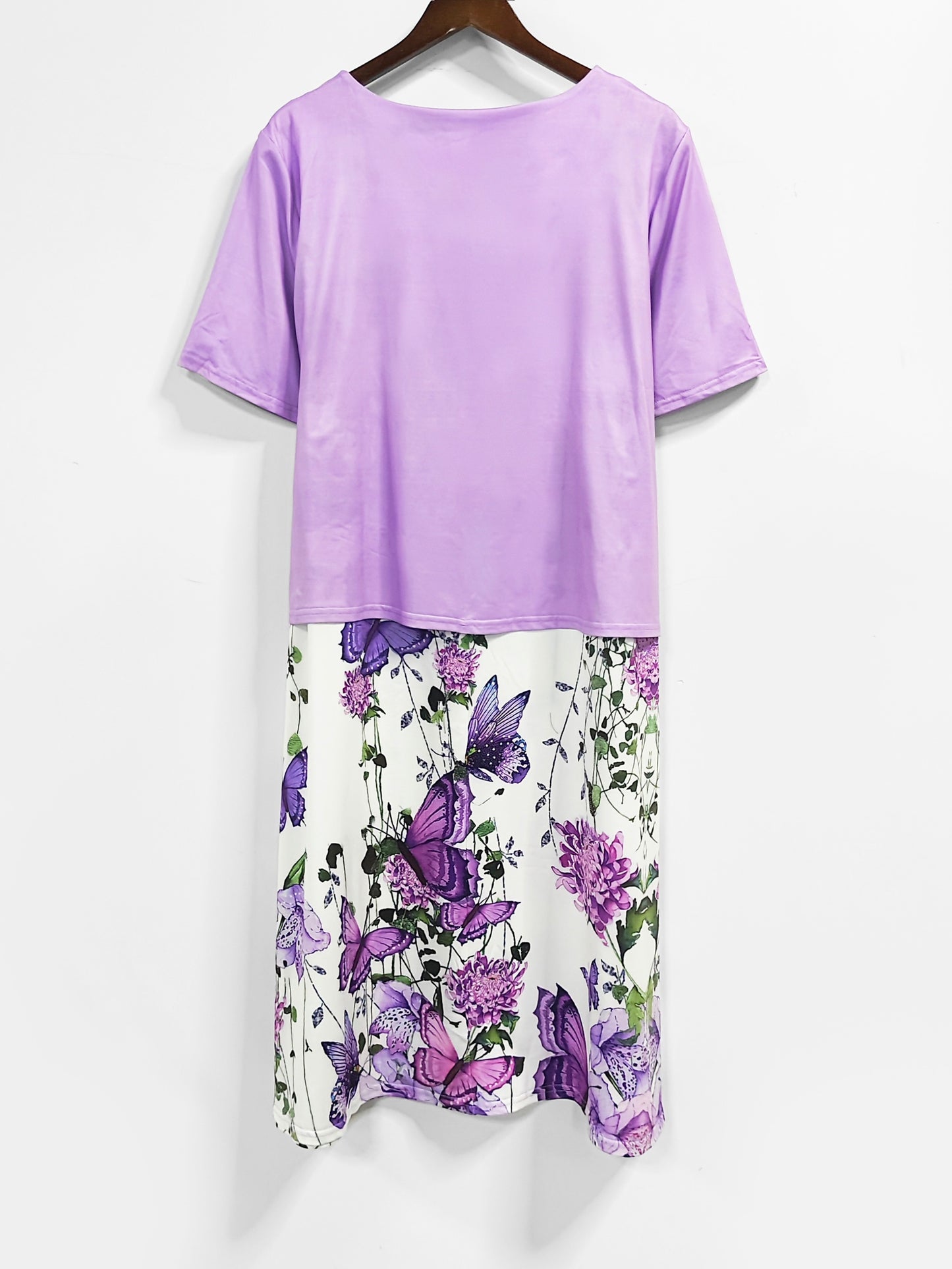 Plus Size - Plus Size - Women'S Round Neck Fake Two-Piece Elegant Dress - Fitted Short-Sleeved Midi Dress, Versatile And Suitable for All Seasons, Suitable for Work, Travel And Daily Wear, Butterfly And Flower Print, Machine Washable Soft Fabric
