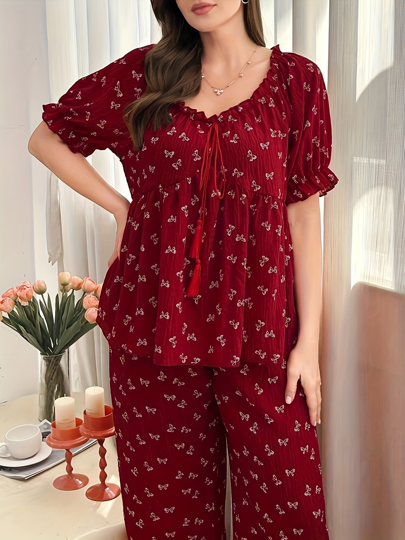 Plus Size Women's Pajama Set, Wine Red Bow Print Puff Sleeve Top & Wide-Leg Pants, Loose Comfortable Loungewear, Sweet Euro-American Style Sleepwear for Home Leisure/Sleep, Soft Skin-Friendly Fabric, Perfect Christmas Gift