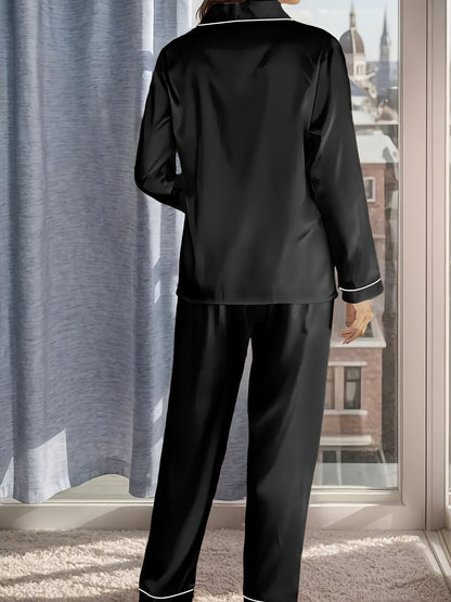 Women's Satin Casual Comfortable 1 Set 2pcs Pajama Outfit, Turn- Collar Long Sleeve Top & Elastic Waistband Trousers Women's Sleepwear