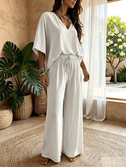 Women'S 2pcs V-Neck Wide Leg Pants Set - Boho Short Sleeve Loose Top & Drawstring Waist Outfit, Summer Beach Loungewear For Vacation, Perfect For Holiday And Daily Wear