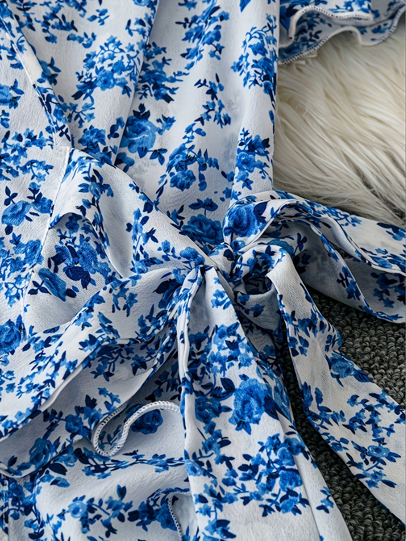 [Elegant Floral Dress] Floral Print Surplice Neck Dress, Elegant Short Sleeve Tie Waist Ruffle Hem Dress, Women's Clothing