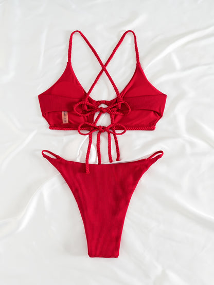 Sexy 2pcs Solid Color Bikini Set - Women'S Swimwear & Clothing - High Cut, Spaghetti Straps, Comfortable, Summer Must-Have, Beach Essentials
