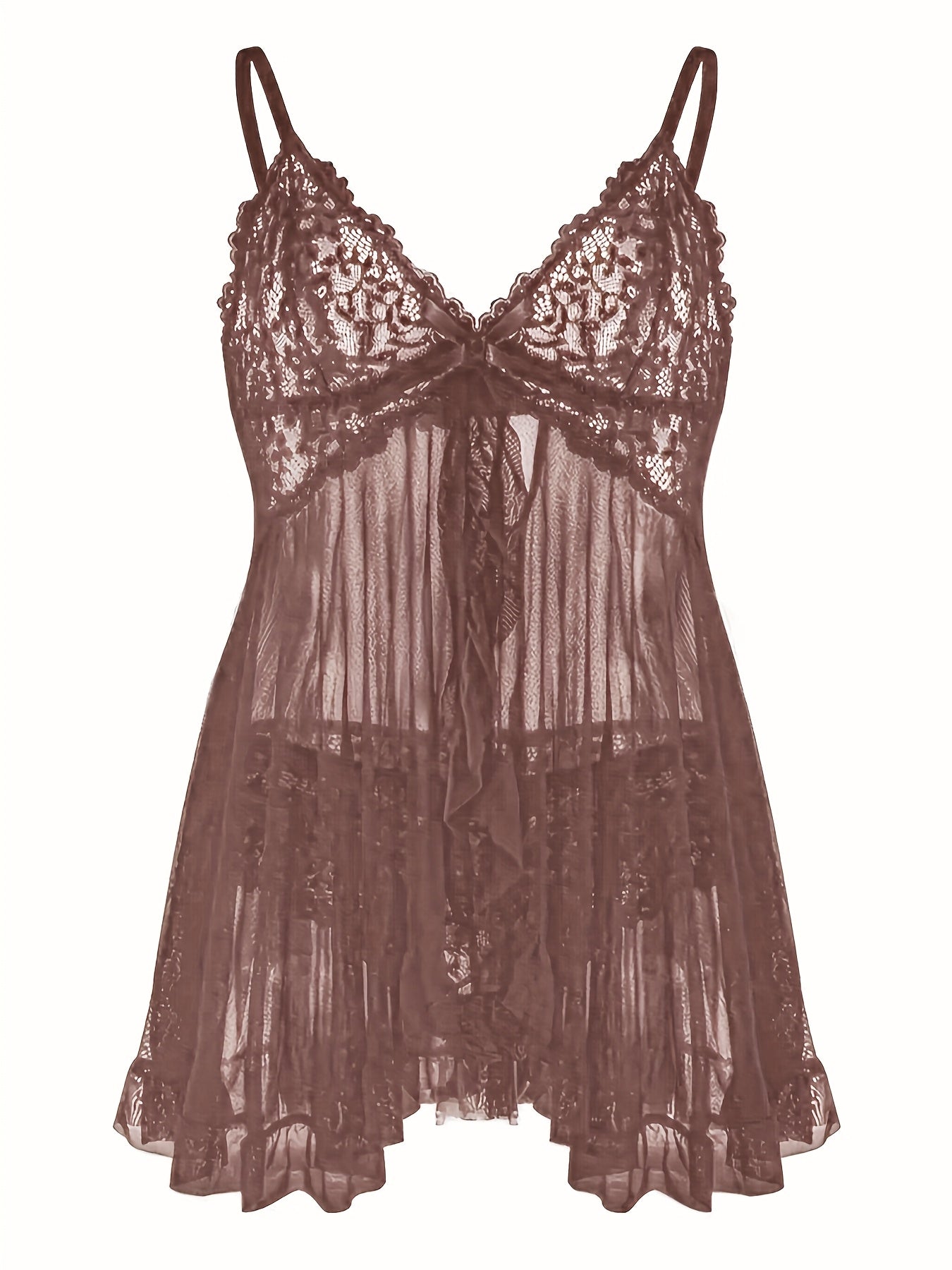 Big Size Sultry Valentine Lace Sleepwear Dress Set - Exquisite Lace, Flattering V-Neckline, Daring Backless Design, Delicate Ruffle Trim, Trendy Split Hem, Seductive Thong Detail, Ultra-Comfortable Fabric, Perfect For Romantic Night, Anniversary Gift