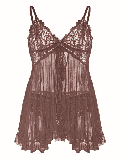 Big Size Sultry Valentine Lace Sleepwear Dress Set - Exquisite Lace, Flattering V-Neckline, Daring Backless Design, Delicate Ruffle Trim, Trendy Split Hem, Seductive Thong Detail, Ultra-Comfortable Fabric, Perfect For Romantic Night, Anniversary Gift