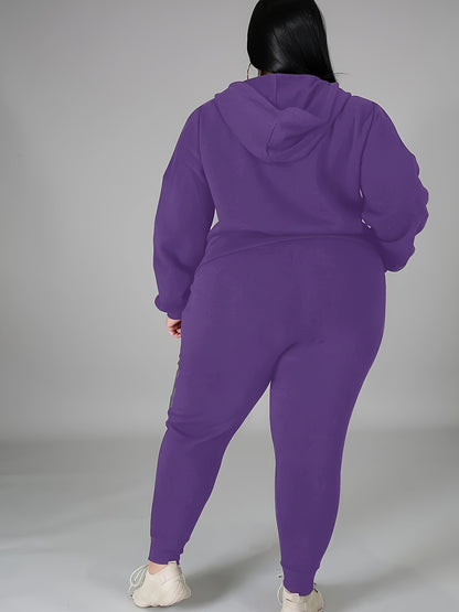 Women's Plus Size Tracksuit Set - Long Sleeve Hooded Loungewear and Sweatsuit Sets with Pockets, Polyester and Elastane