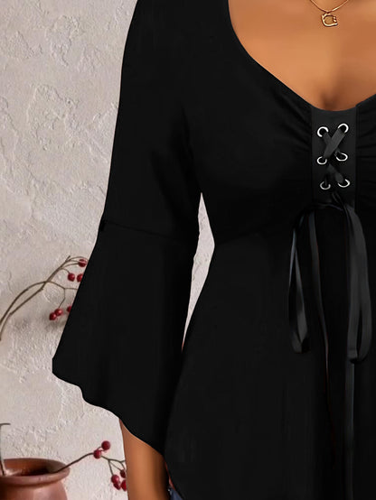 Plus Size, Fashionable Solid Color Lace-up Top, Bell Sleeves, Hem, Ruffles, Show Figure, Spring and Autumn Trend, Casual Top, Elegant Top