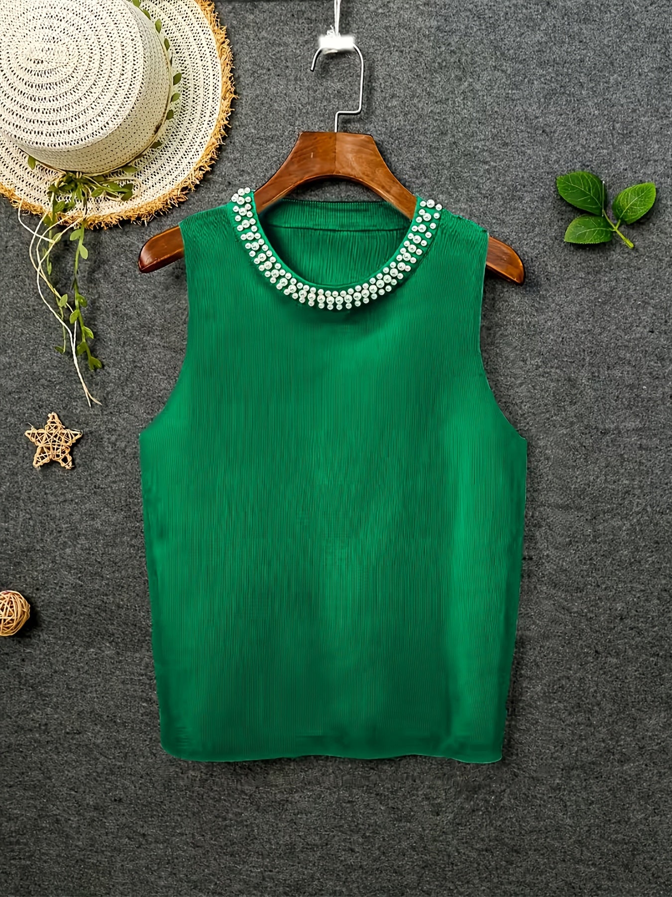 [Plus Size Tank Top] Plus Size - Ladies' Spring/Summer Fashion Nail Bead Solid Color Sleeveless Tank Top Elegant Breathable Large Top