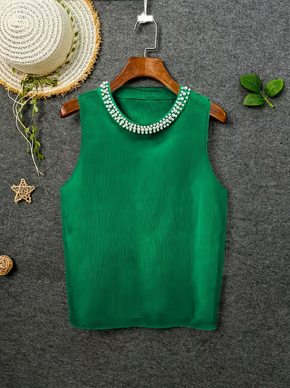 [Plus Size Tank Top] Plus Size - Ladies' Spring/Summer Fashion Nail Bead Solid Color Sleeveless Tank Top Elegant Breathable Large Top