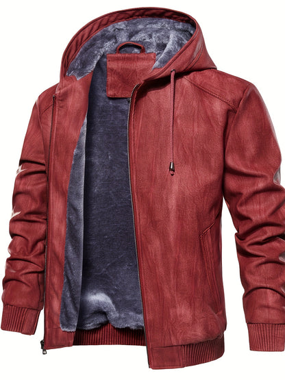 Men's Solid Color PU Faux-Leather Hooded Jackets, Trendy Thick Jacket for Spring Autumn