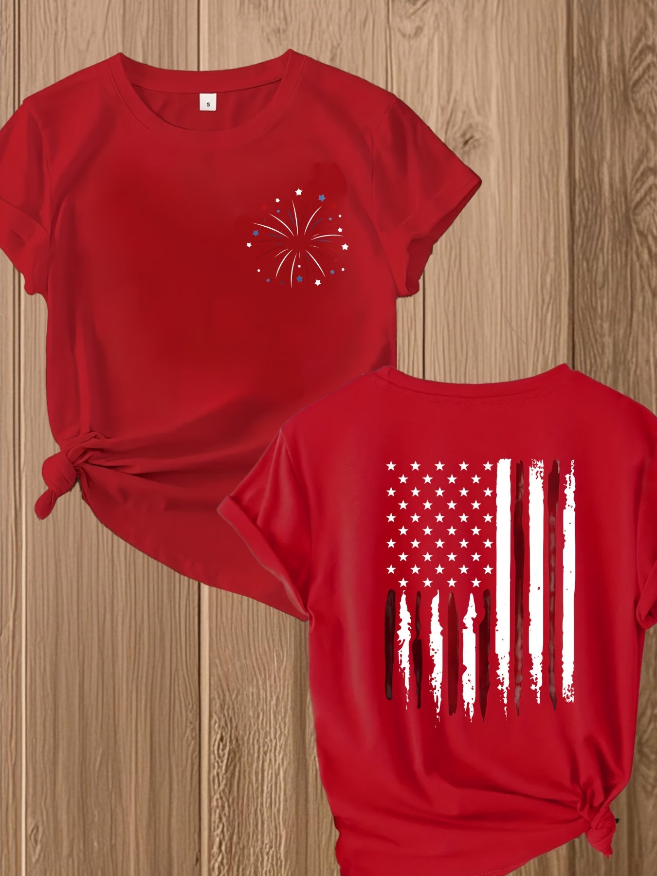 Patriotic Fireworks And Flag Print -blend T-shirt with Double-sided Design for 4th Of July Celebrations - Festive, Casual, And Stylish Graphic Tee for Women | Trendy Independence Day Apparel | -blend T-shirt with Double-sided Print