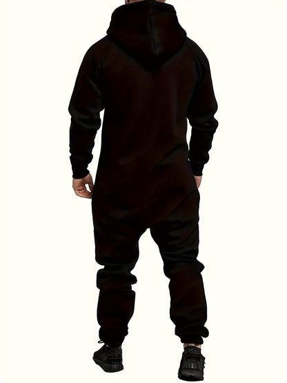 A Men's Hooded Fleece-lined Jumpsuit, Long Sleeve, Full Zip Jumpsuit with Kangaroo Pocket, Suitable for Spring Travel And Seaside Trips