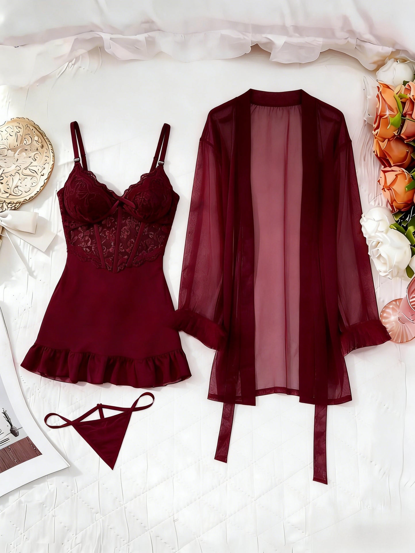[3pcs Sheer Lace Set] Women's Lingerie 3pcs Sheer Lace Babydoll Set With Robe And Panty See Through Trim Mesh Sleepwear Sexy Nightwear