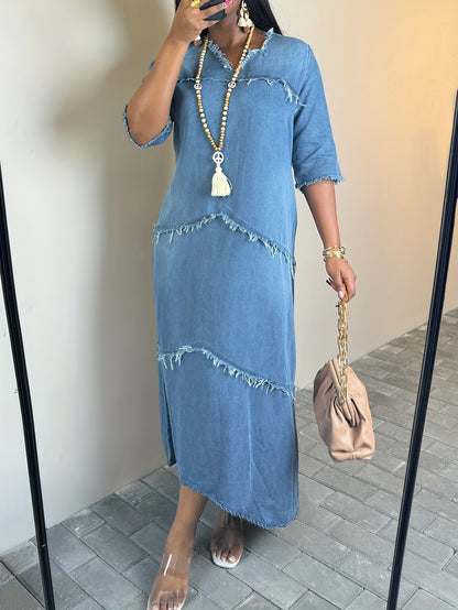 Bohemian Style Loose Denim Maxi Dress with V-Neck, 3/4 Sleeves, And Fringed Patchwork Details - Relaxed Fit, Casual, And Chic for a Stylish, Effortless Look
