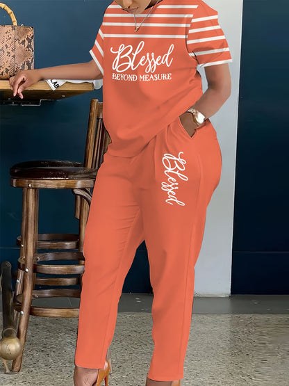 Plus Size, Ladies Plus Size 2pcs Suit, Letter Printing with Blessing, Pinstripe Coat, Trousers with Pockets, Ladies' Daily Casual Fashion Suit.