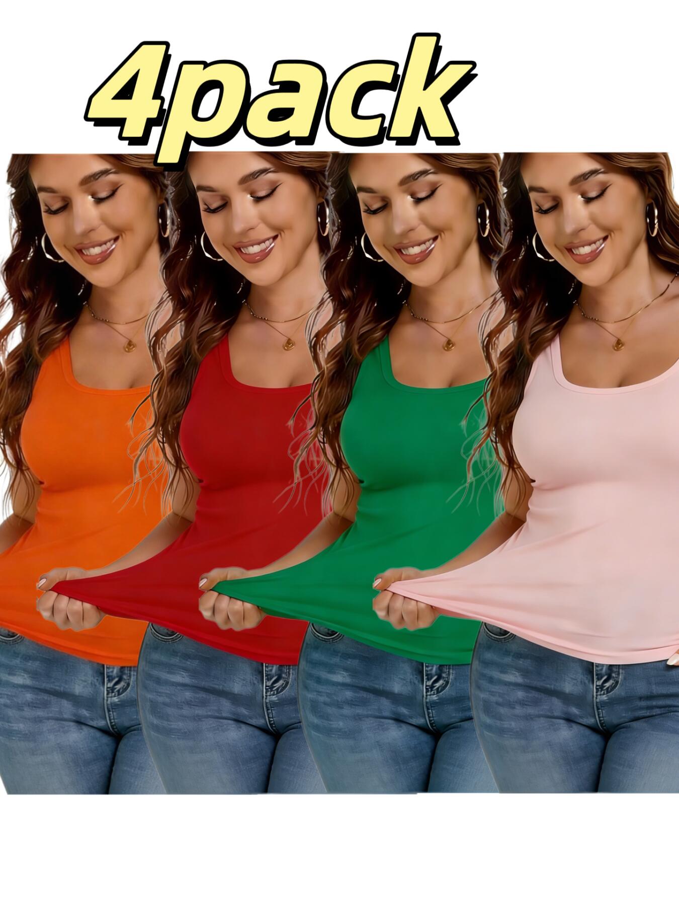 Set of 4 Plus-Size Women's Tank Tops Lightweight Spring/Summer Base Layer Tanks in a 4 Color Combo Stretchy Comfortable Soft and Slim-Fitting Bottoming Shirts.