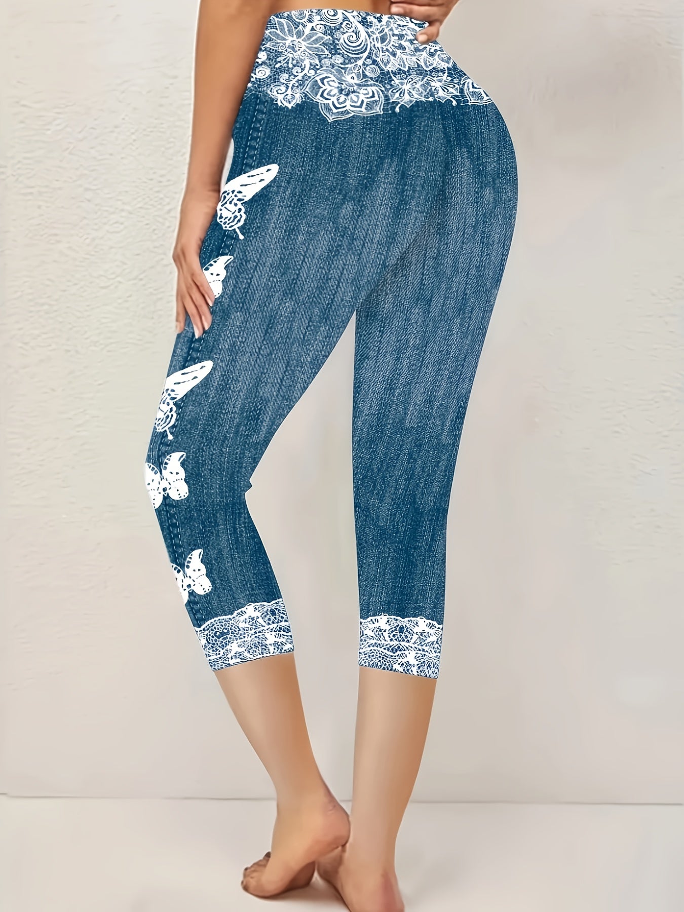 Two-Pack, Not Made of Faux Denim, Imitation It, Digital Print Capri Leggings, 3/4 Length, Elegant Style, Butterfly Pattern, Suitable for All Seasons, Adult Use, Skinny Fit, Four-Way Stretch, with Anti-Faux Denim Fake Pocke