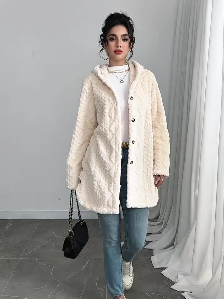 Hooded Fuzzy Coat Mid-Length Jacket with Buttons Soft Warm Winter Fall Outfits 5 Colors