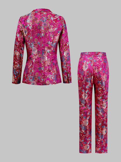 Glouri Hot Pink Floral Jacquard Suit Set - Women'S Long Sleeves Satin Blazer And Straight Leg Pants | Formal Wedding Guest Outfit for Red Carpet Events/Black (Two-Piece And Pocket Details)