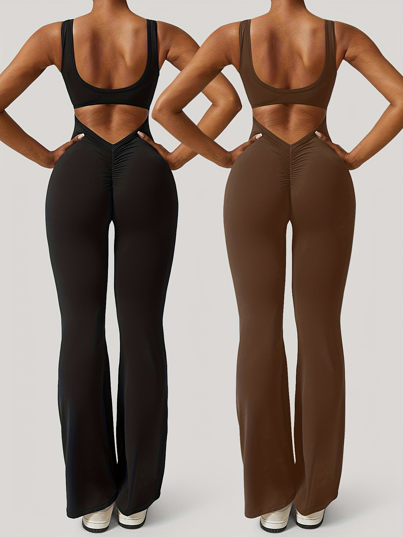 2pcs-Women'S Flare Jumpsuits Seamless Scrunch Workout Romper Square Neck Backless Wide Leg Unitard