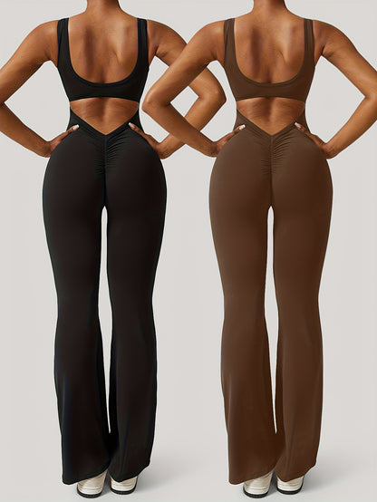 2pcs-Women'S Flare Jumpsuits Seamless Scrunch Workout Romper Square Neck Backless Wide Leg Unitard