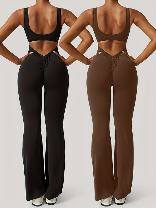 2pcs-Women'S Flare Jumpsuits Seamless Scrunch Workout Romper Square Neck Backless Wide Leg Unitard
