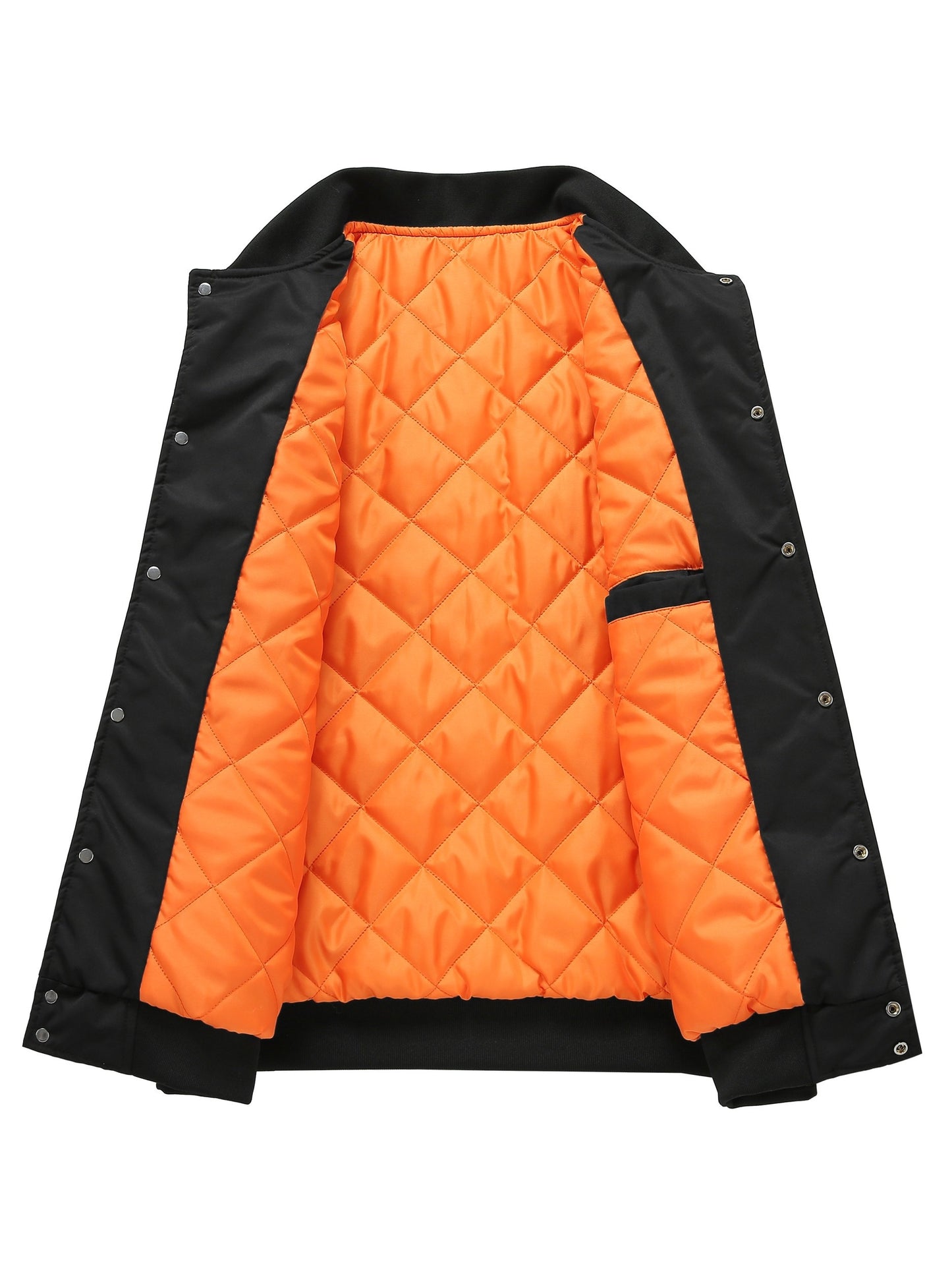Men'S Plus Size Olive Green Varsity Jacket with Orange Accents - Thick, Warm, and Stylish for Fall/Winter, Baseball Collar, Button-Up Front, Side Pockets, Casual & Outdoor Wear, PLUS SIZE